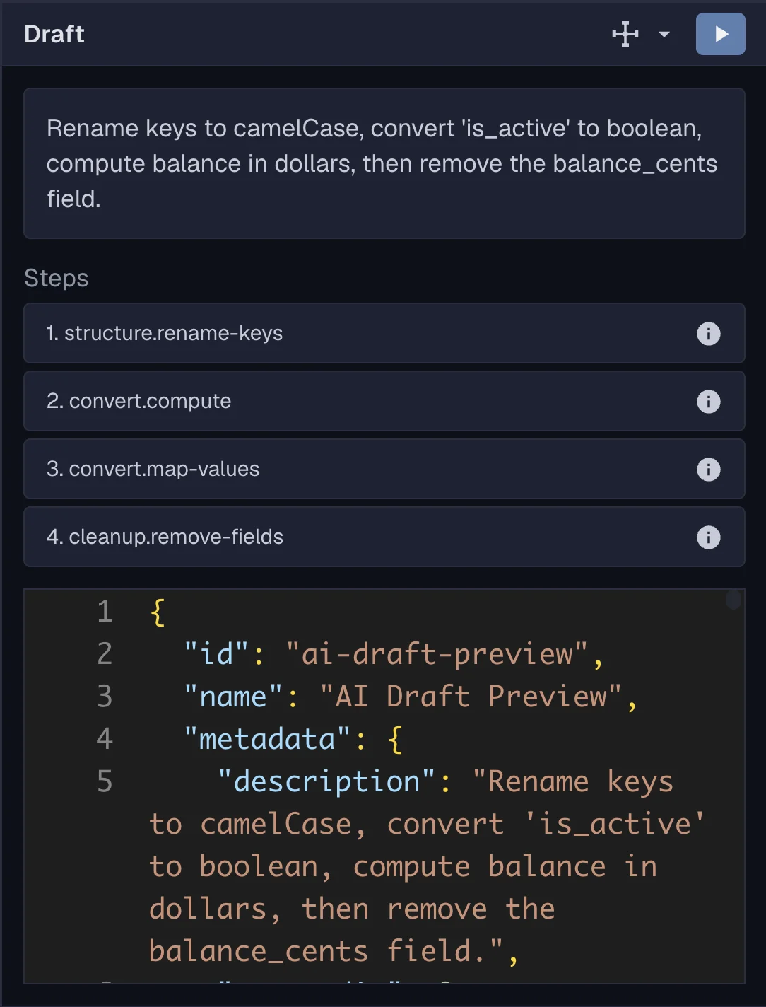AI Draft dialog showing the full pipeline generated from a plain-English prompt.