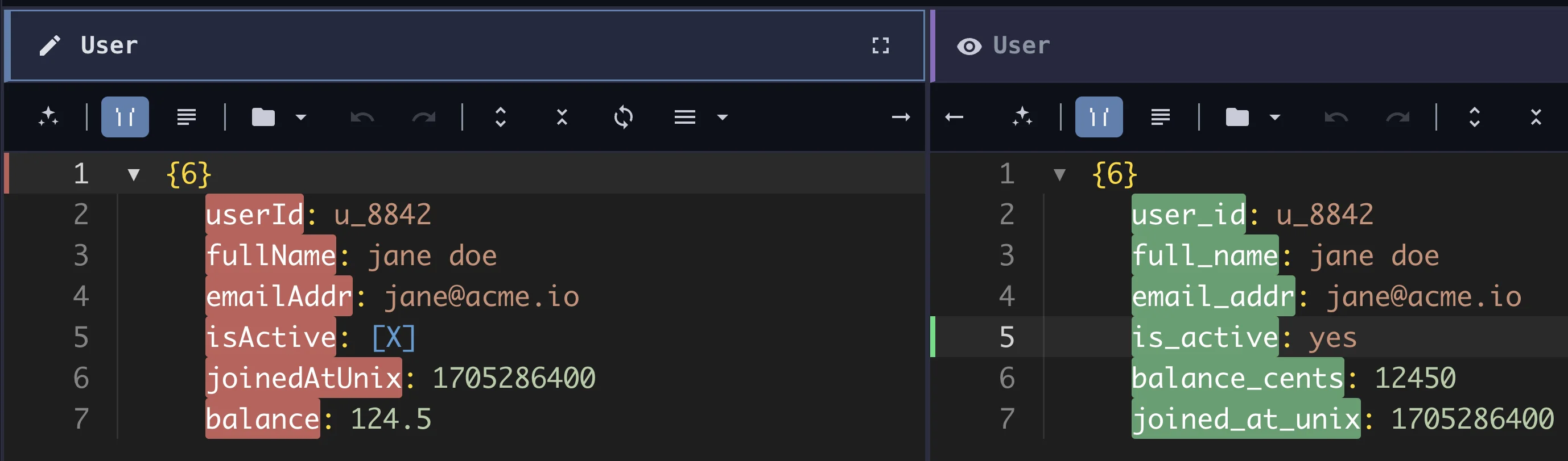 Forge Json editor showing a field-level diff between original and transformed JSON.