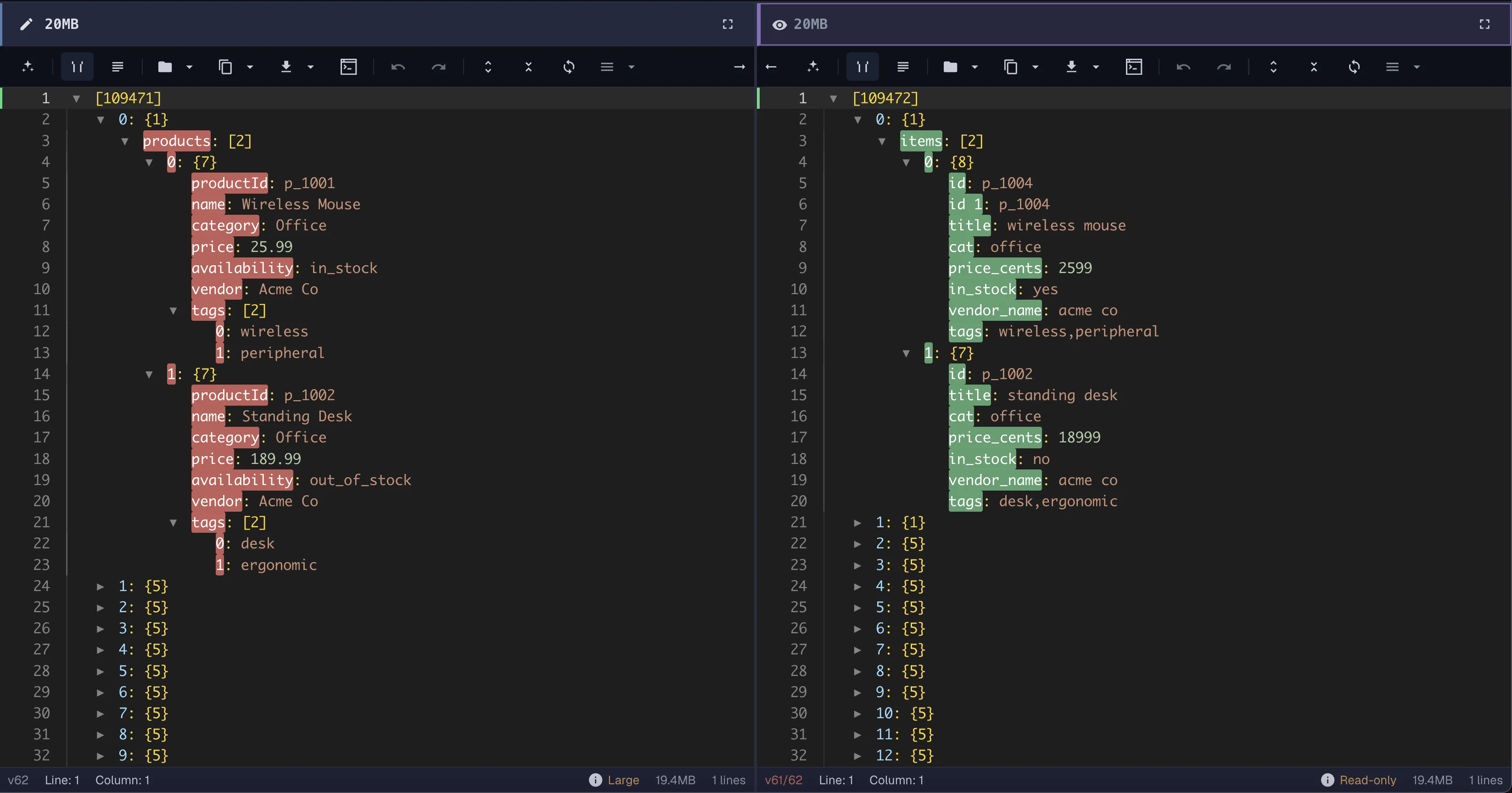 Forge Json editor showing a side-by-side compare view of two JSON documents with diff highlighting.